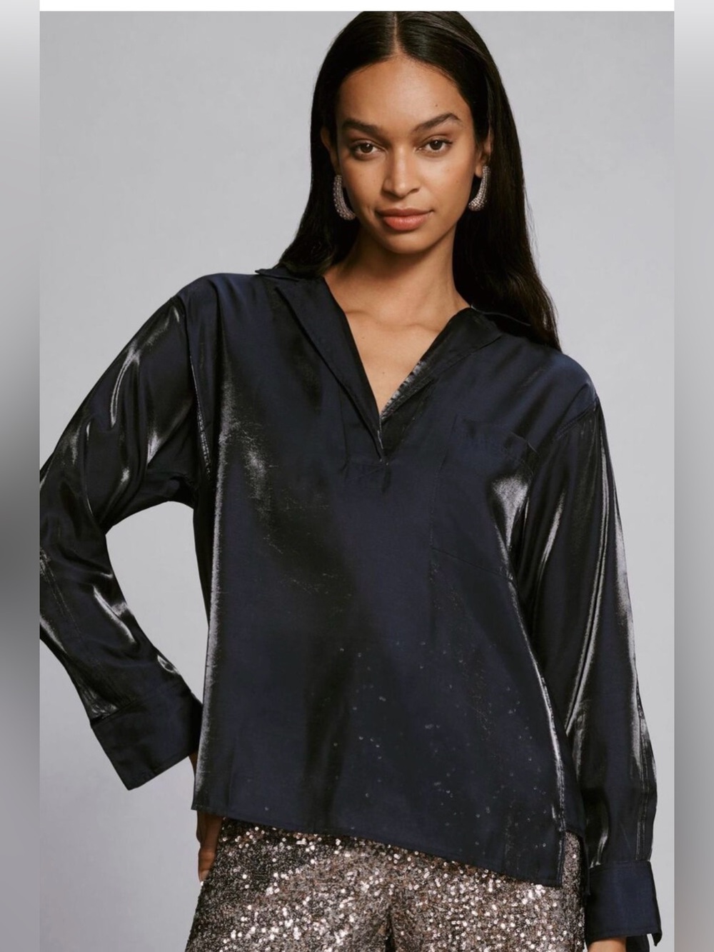 Anthropologie Pilcro Shine Blouse Navy Blue Satin Oversized V-Neck Top Large